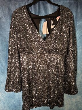 O.P.T. Silver Sequin Mini Dress L NWT V‑Neck Back Cutout